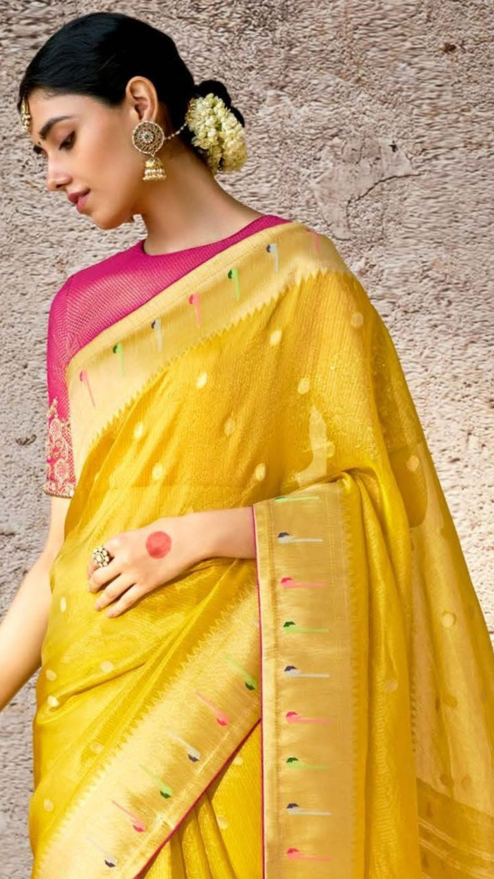 Yellow Kora Banarasi Saree With Delicate floral patterns