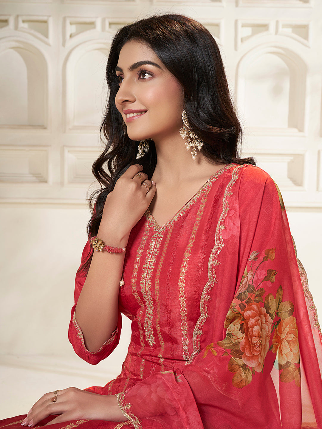 Peach Dola Silk Jacquard weave with Applique patch Kurta Suit set - qivii