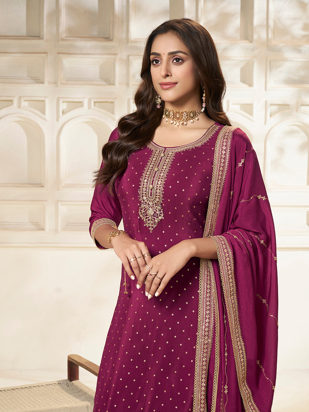 Wine Chinon Top with Sequins Embroidery and Sharara Suit Set - qivii