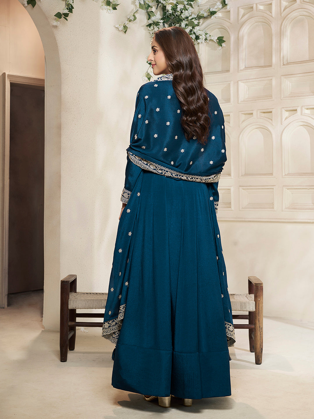 Blue Chinon Top with White Embroidery & Sequins Anarkali Suit Set - qivii