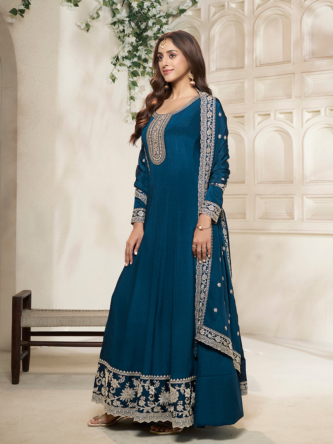 Blue Chinon Top with White Embroidery & Sequins Anarkali Suit Set - qivii