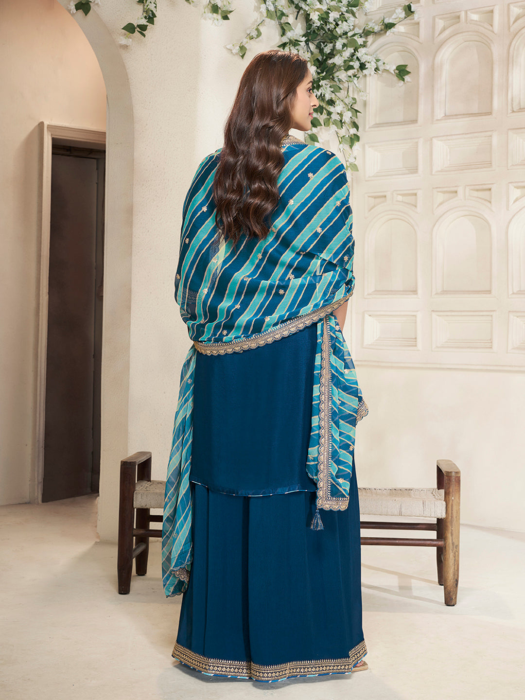 Royal Blue Sharara Suit with Chinon Top and Printed Dupatta - qivii