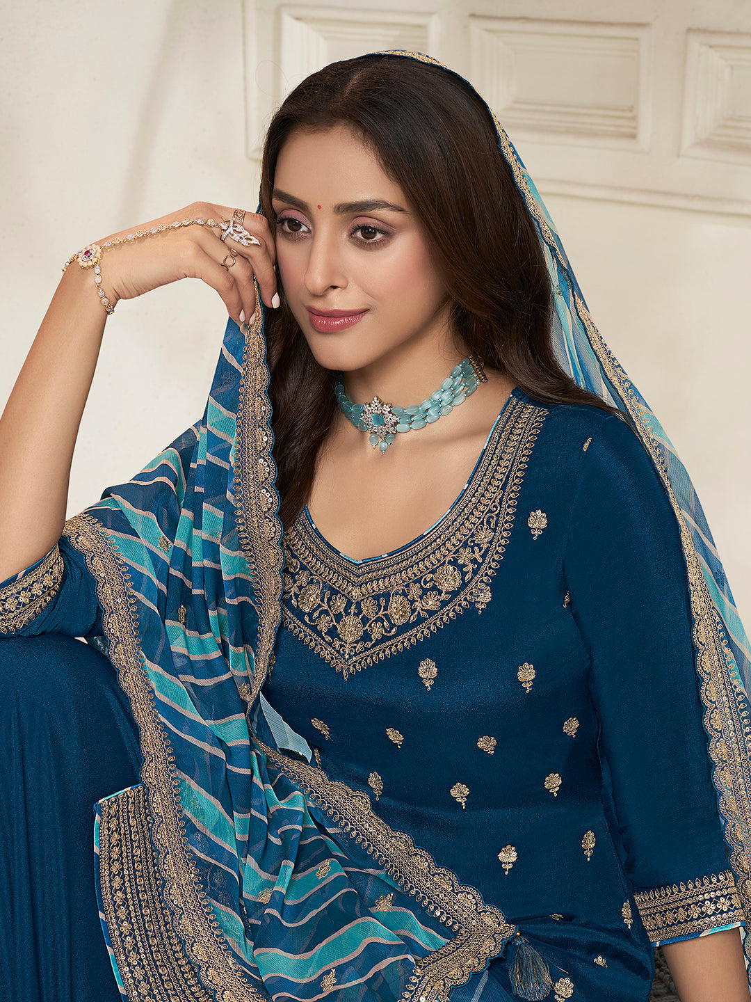 Royal Blue Sharara Suit with Chinon Top and Printed Dupatta
