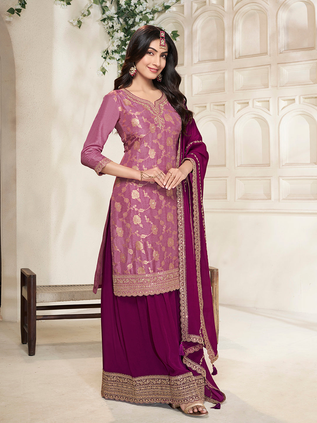 Wine Dola Silk Colour Contrast Sharara Suit Set - qivii