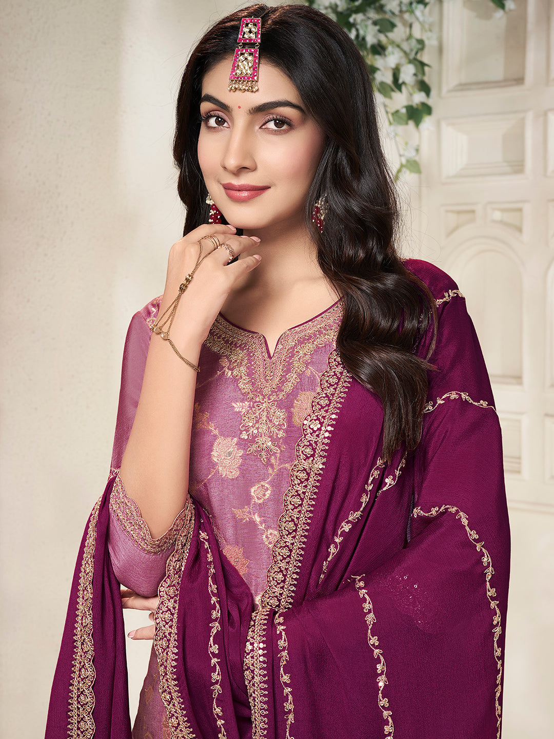Wine Dola Silk Colour Contrast Sharara Suit Set - qivii