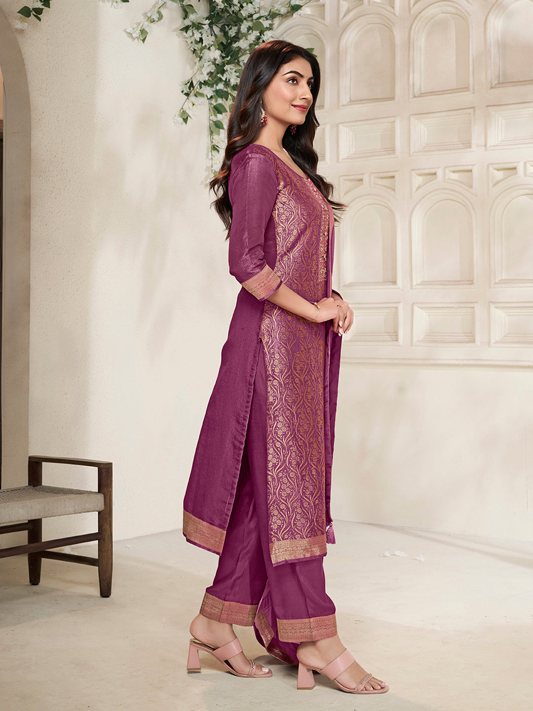 Purple Tissue Jacquard weave Kruta Suit Set - qivii