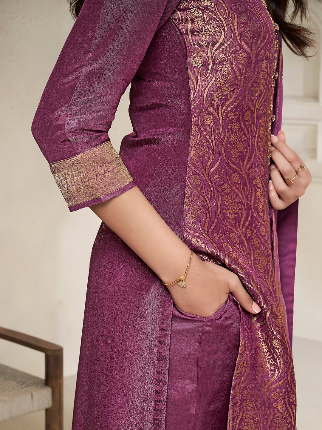 Purple Tissue Jacquard weave Kruta Suit Set - qivii