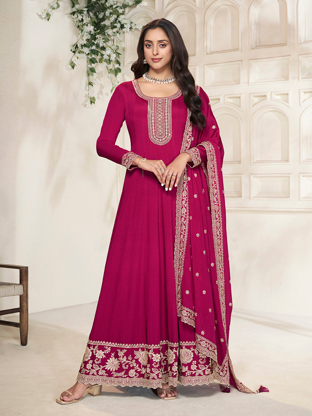 Red Chinon Top with White Embroidery & Sequins Anarkali Suit Set - qivii