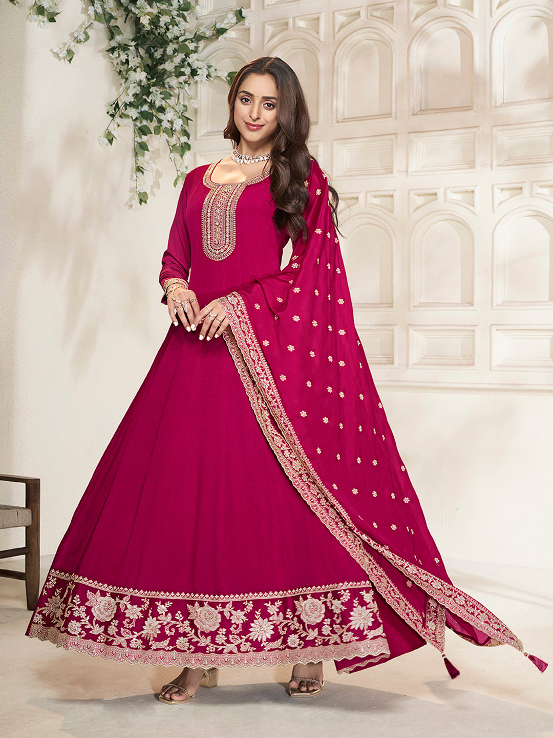 Red Chinon Top with White Embroidery & Sequins Anarkali Suit Set - qivii