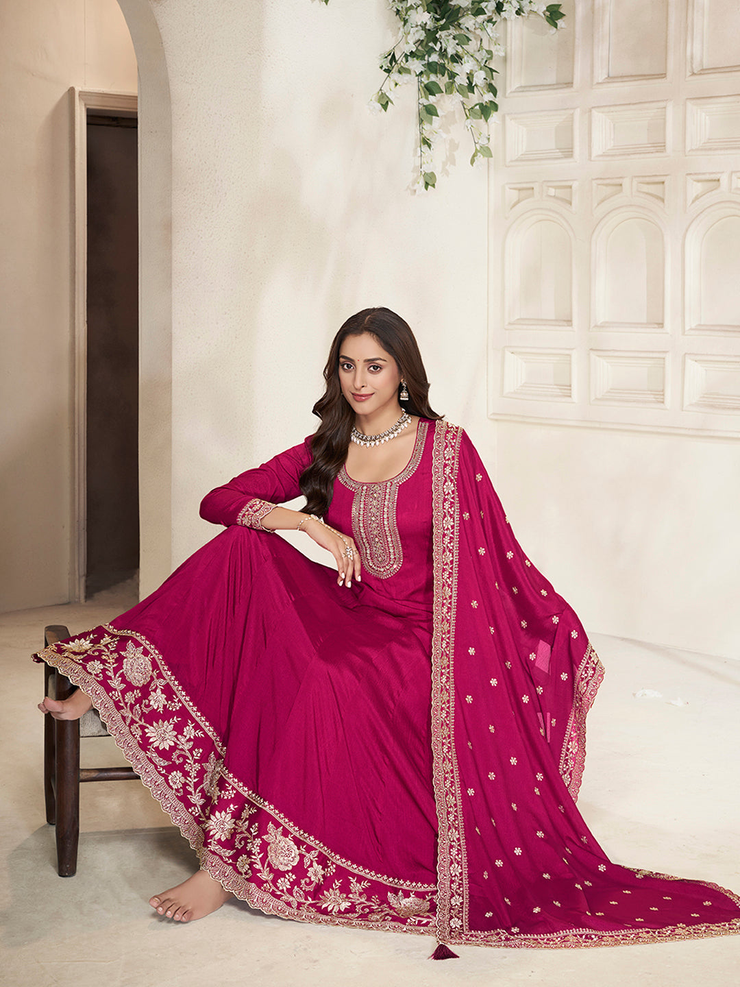 Red Chinon Top with White Embroidery & Sequins Anarkali Suit Set - qivii