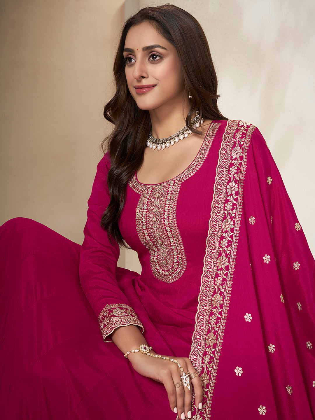 Red Chinon Top with White Embroidery & Sequins Anarkali Suit Set - qivii