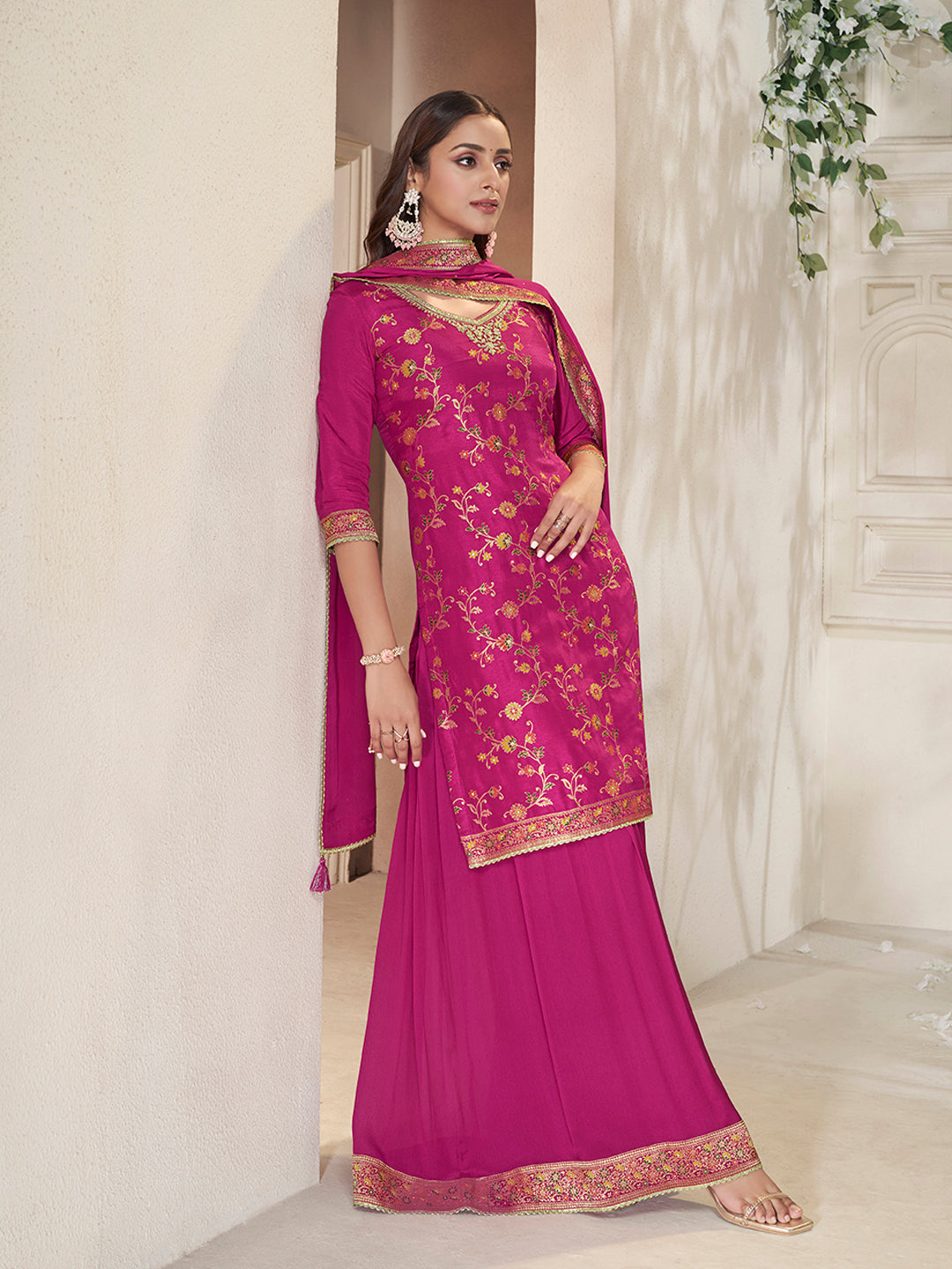 Pink Dola Silk Sharara Suit Set with Floral Meena Jacquard Work - qivii