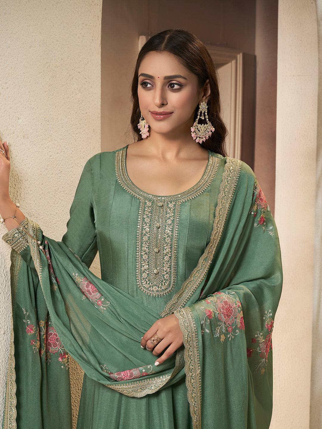 Green Dola Silk Anarkali Set with Sequins Embroidered Dupatta