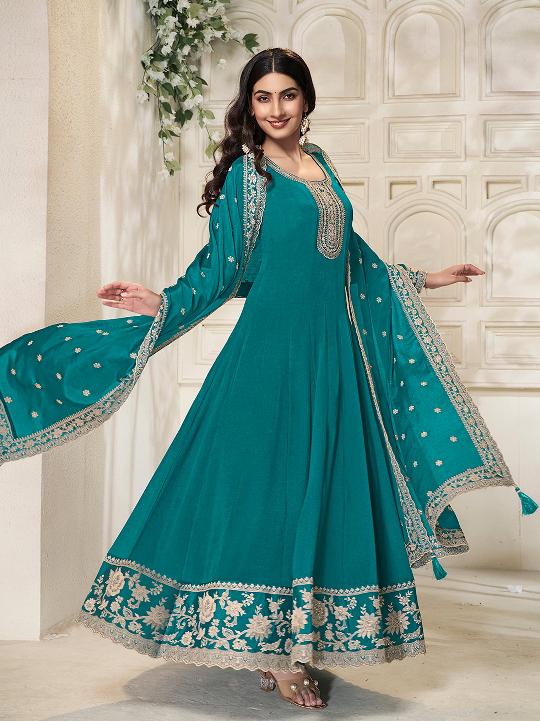 Teal Chinon Top with White Embroidery & Sequins Anarkali Suit Set - qivii
