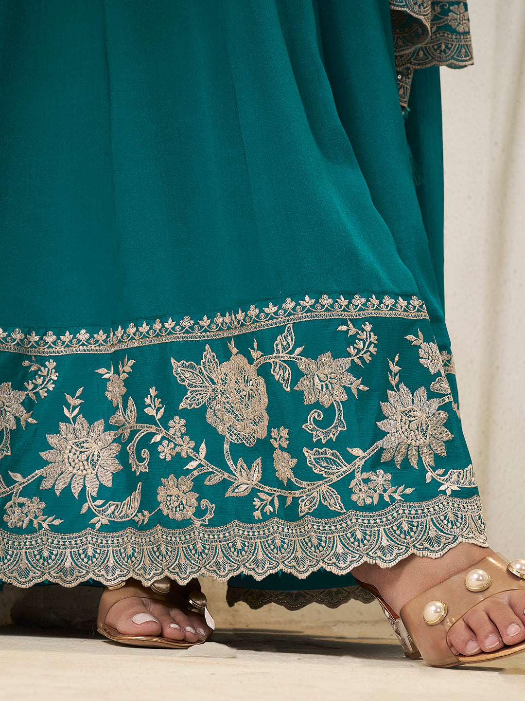 Teal Chinon Top with White Embroidery & Sequins Anarkali Suit Set - qivii