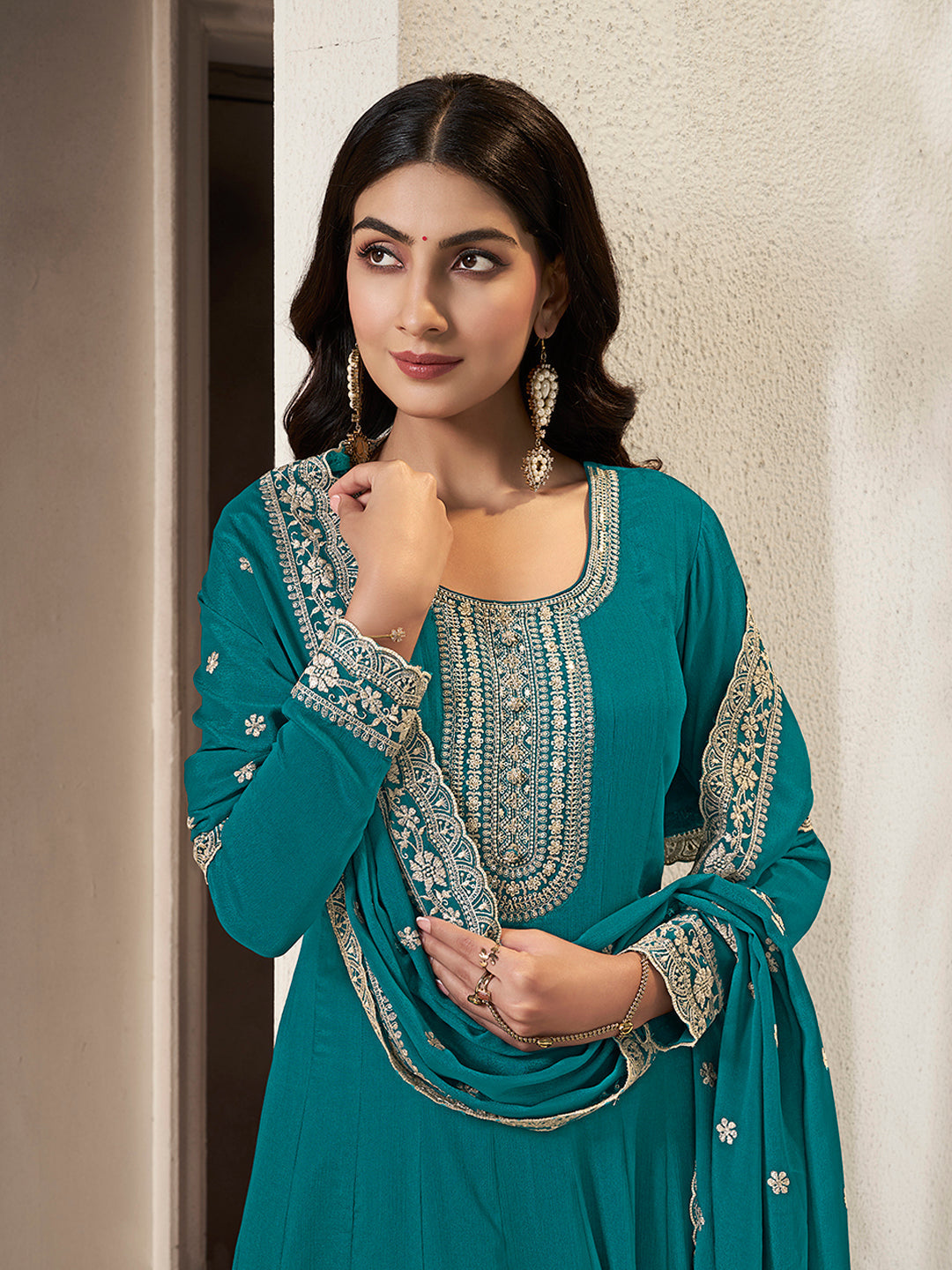 Teal Chinon Top with White Embroidery & Sequins Anarkali Suit Set - qivii