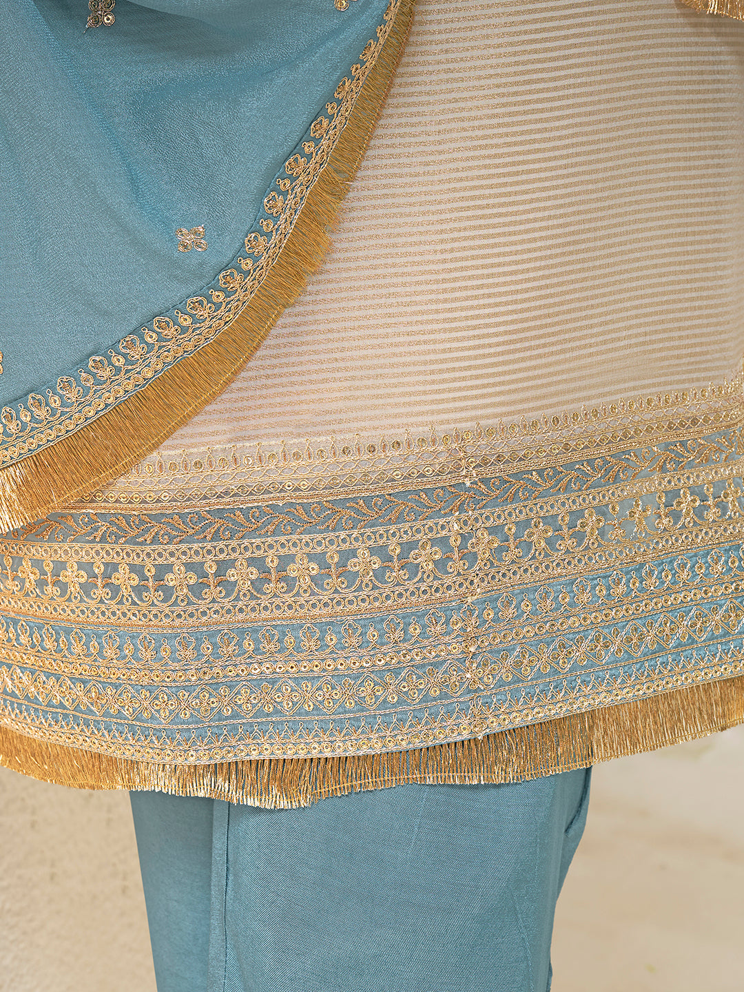 Off-white Tissue Sequins Embroidery Kurta With Blue Dupatta