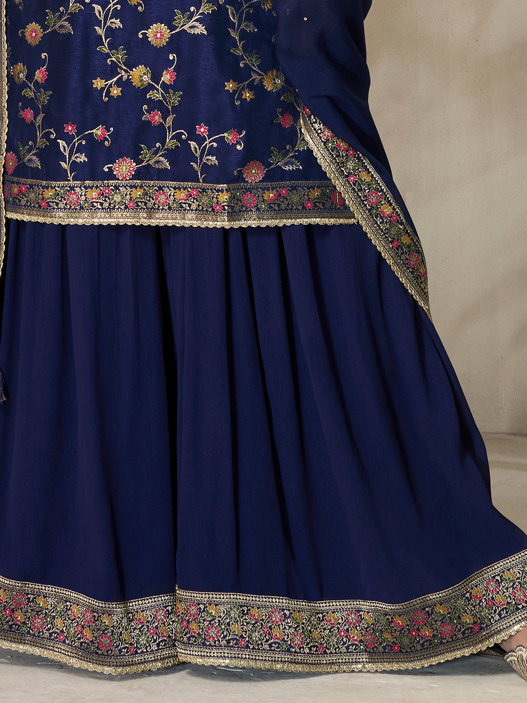 Dark Blue Dola Silk Sharara Suit Set with Floral Meena Jacquard Work - qivii