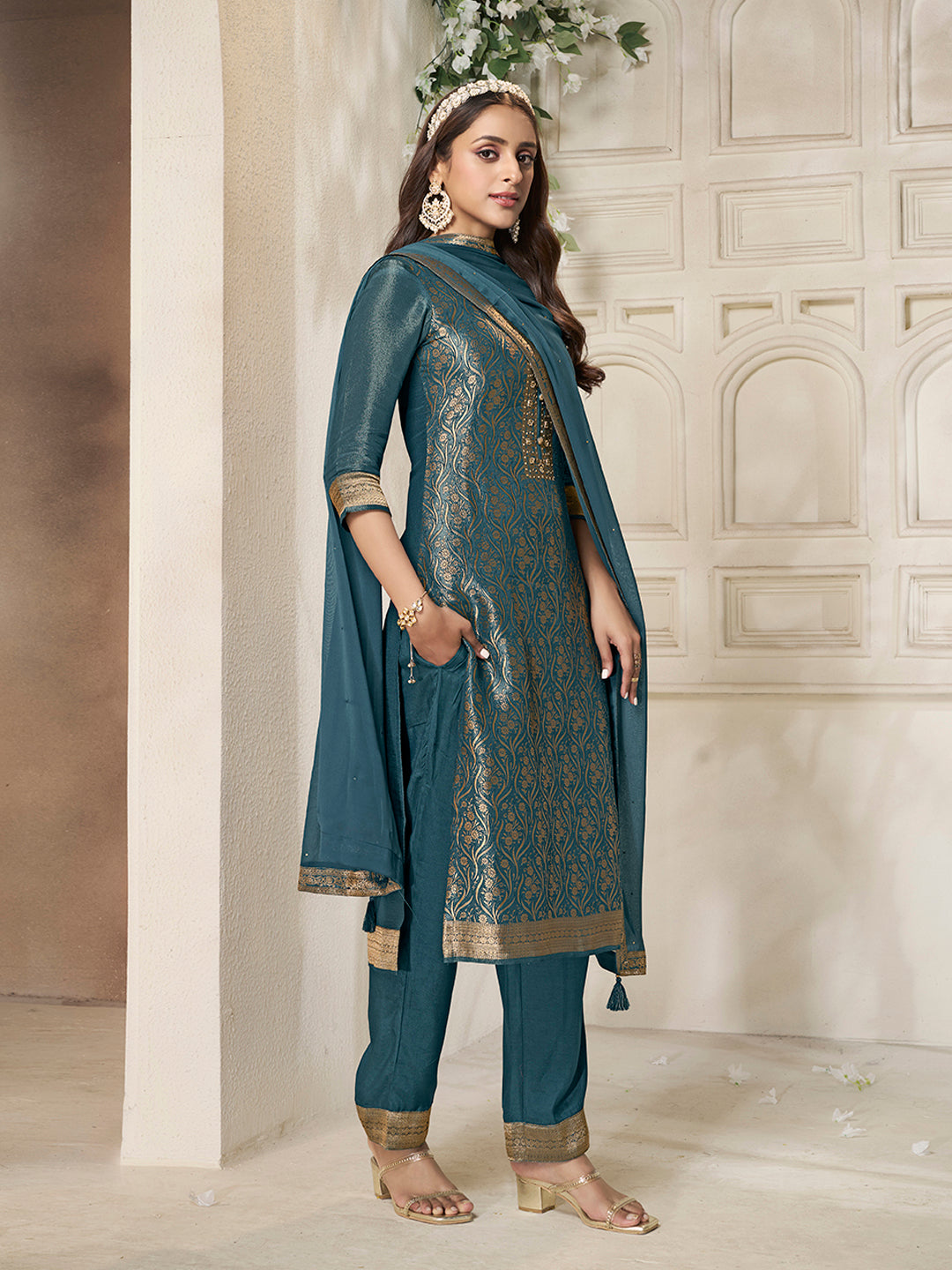 Teal Tissue Jacquard weave Kruta Suit Set - qivii