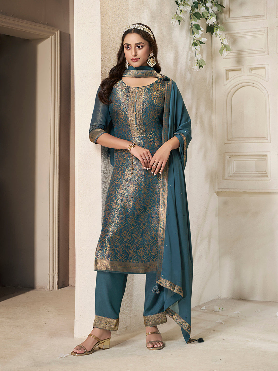 Teal Tissue Jacquard weave Kurta Suit Set
