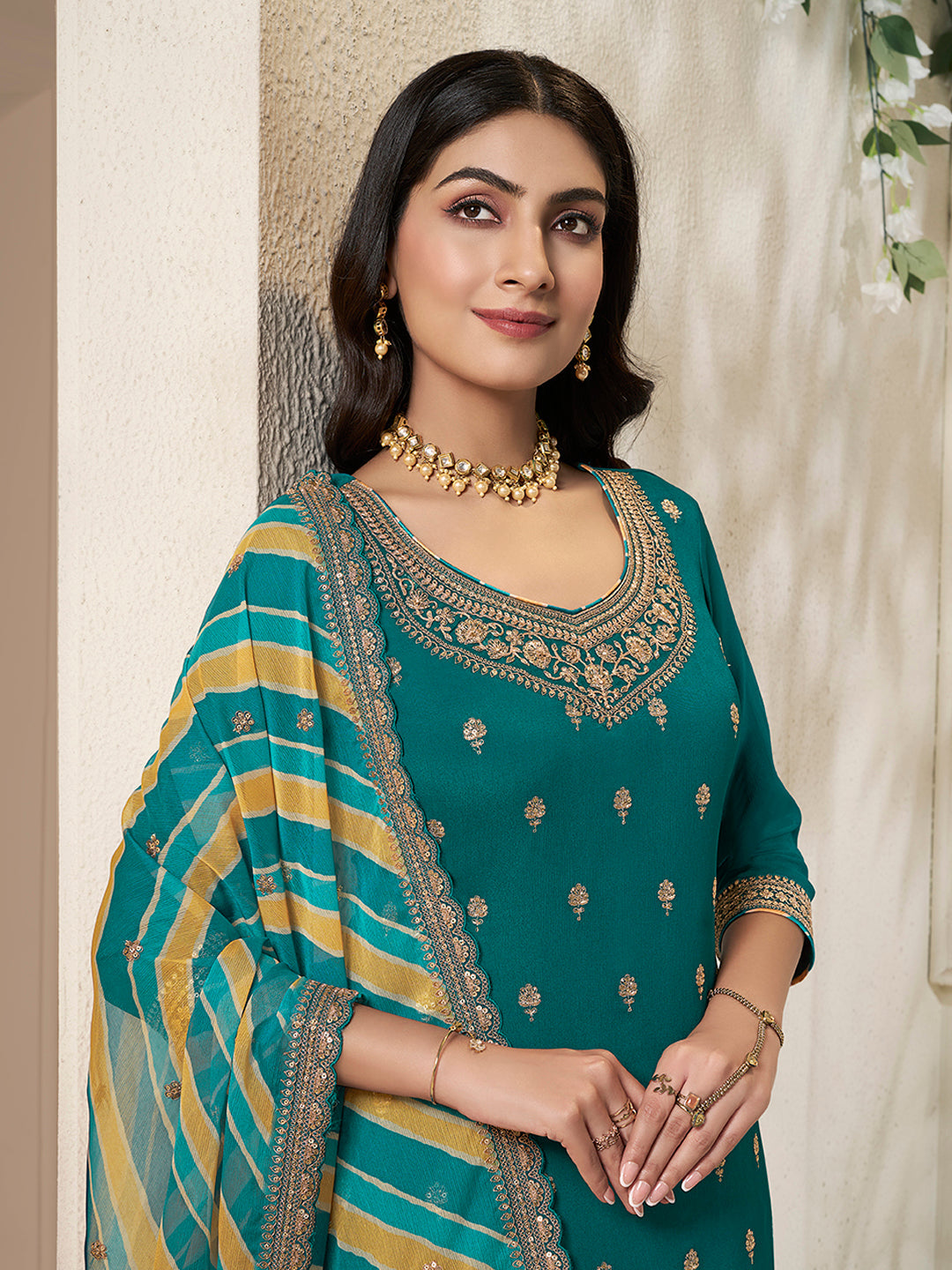 Green Chinon Top, Embellished Sharara, and Lehariya Printed Dupatta Sharara Suit Set