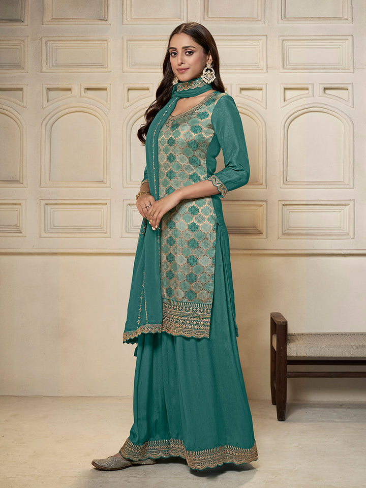 Teal Green Dola Silk Position Print Sharara Suit Set