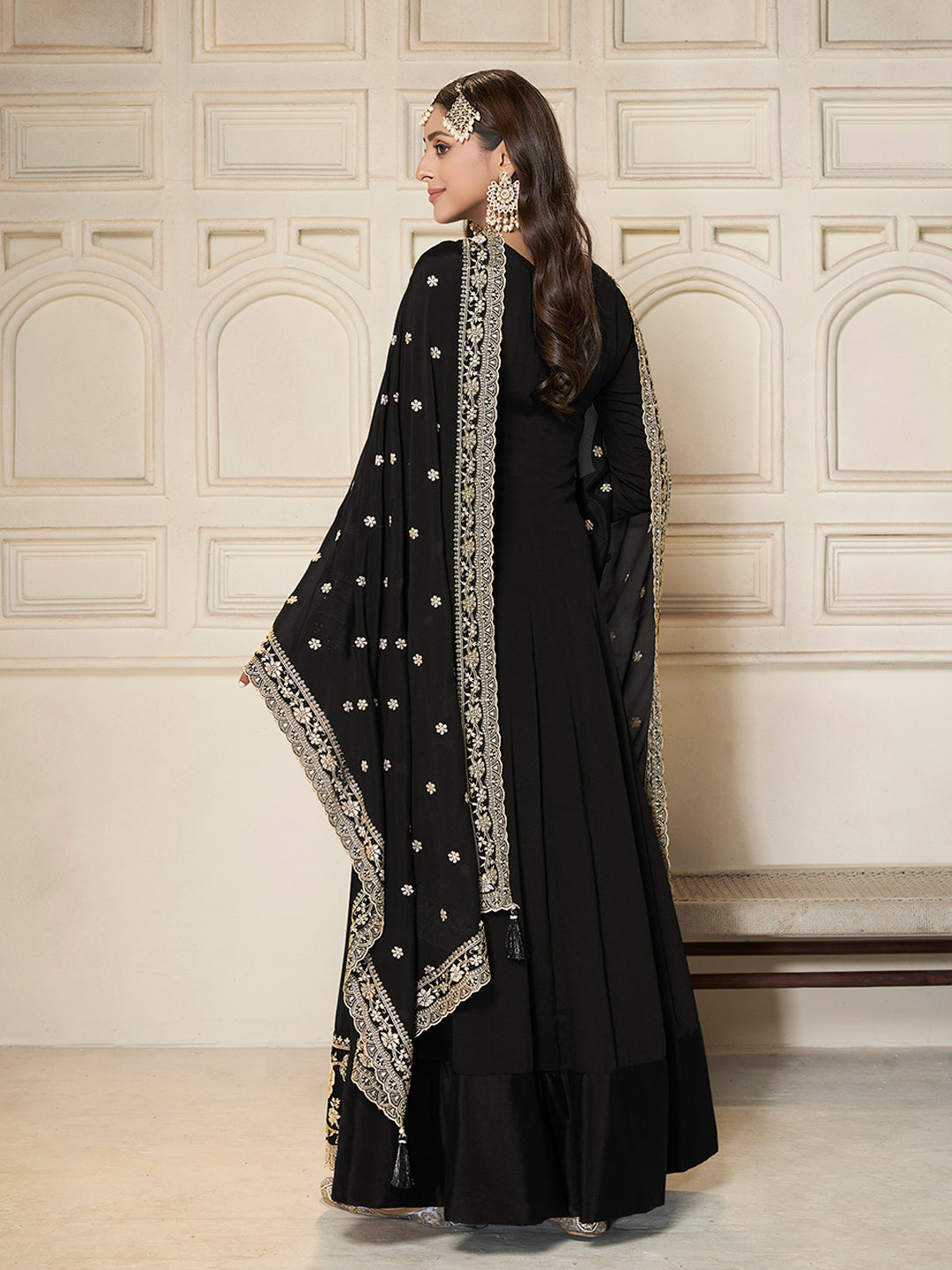 Black Chinon Top with White Embroidery & Sequins Anarkali Suit Set - qivii