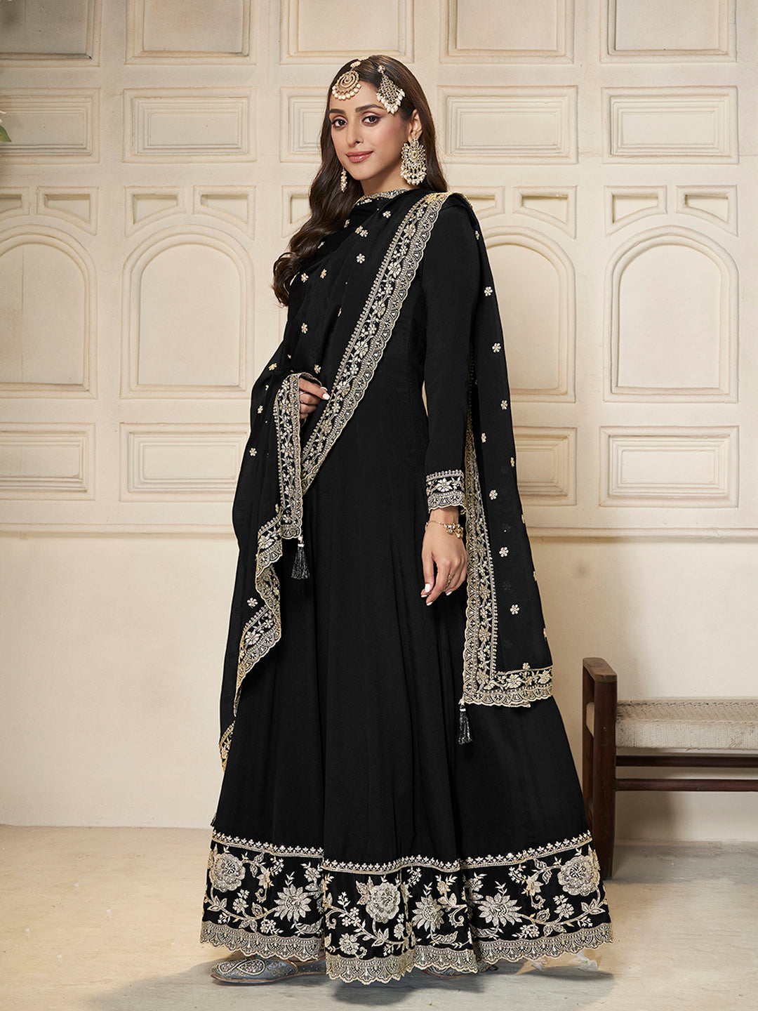 Black Chinon Top with White Embroidery & Sequins Anarkali Suit Set - qivii