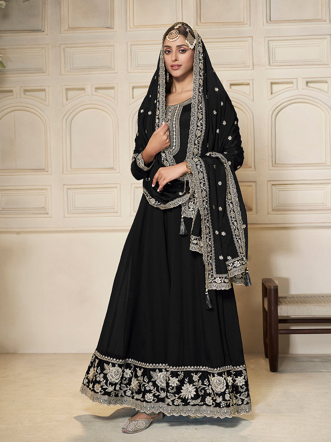 Black Chinon Top with White Embroidery & Sequins Anarkali Suit Set - qivii