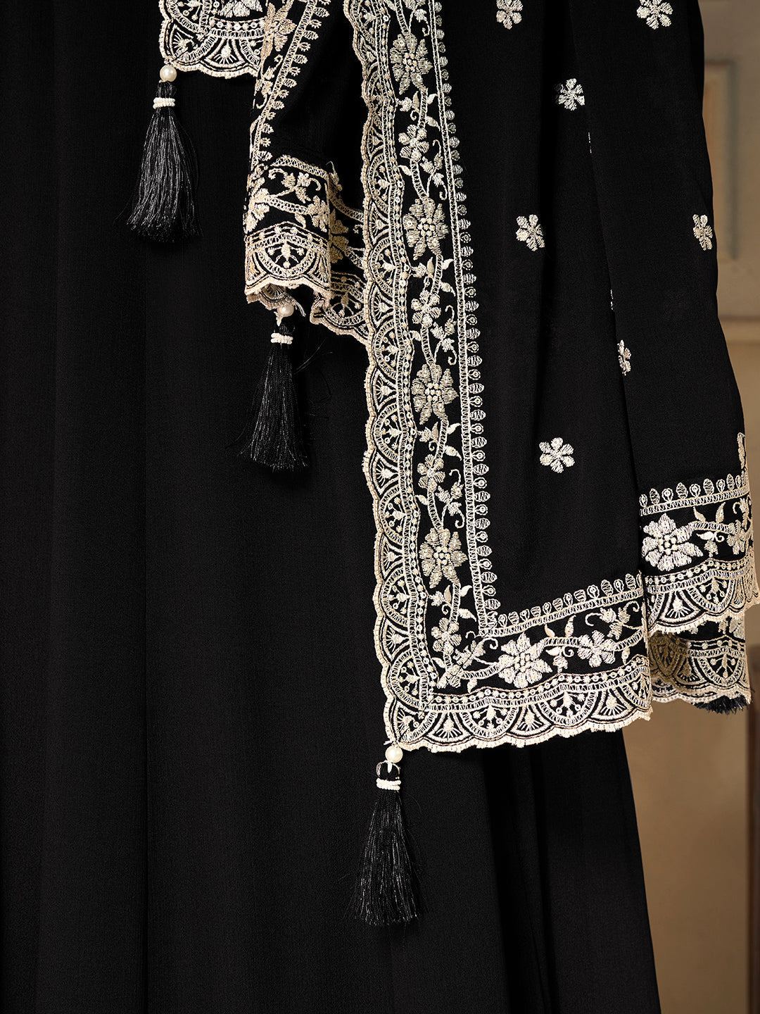 Black Chinon Top with White Embroidery & Sequins Anarkali Suit Set - qivii