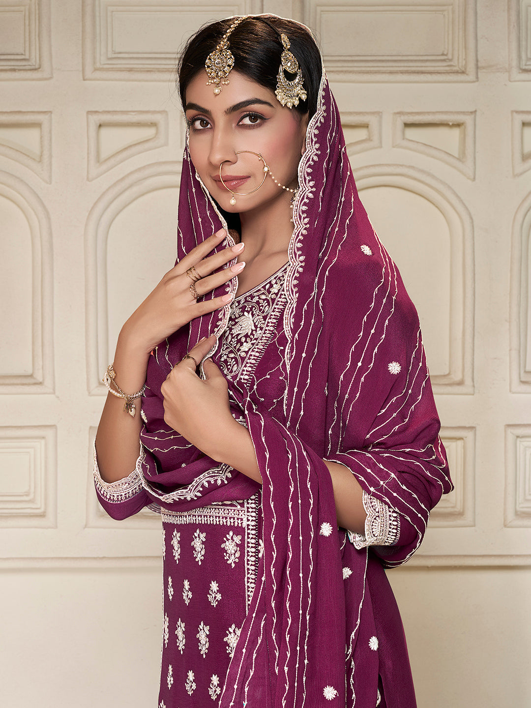 Embroidered Purple Chinon Top with Sequin Detailing and Matching Sharara Suit Set - qivii