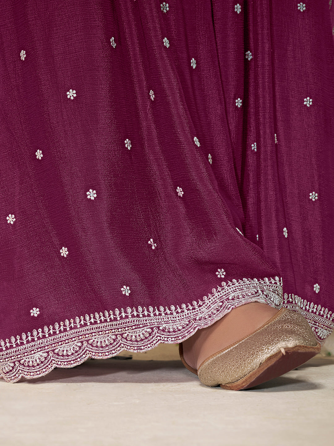 Embroidered Purple Chinon Top with Sequin Detailing and Matching Sharara Suit Set - qivii