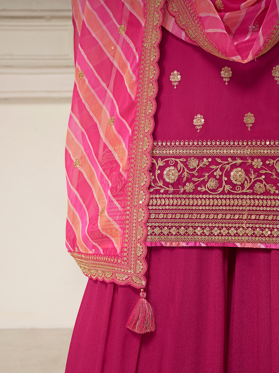 Pink Chinon Top, Embellished Sharara, and Lehariya Printed Dupatta Sharara Suit Set