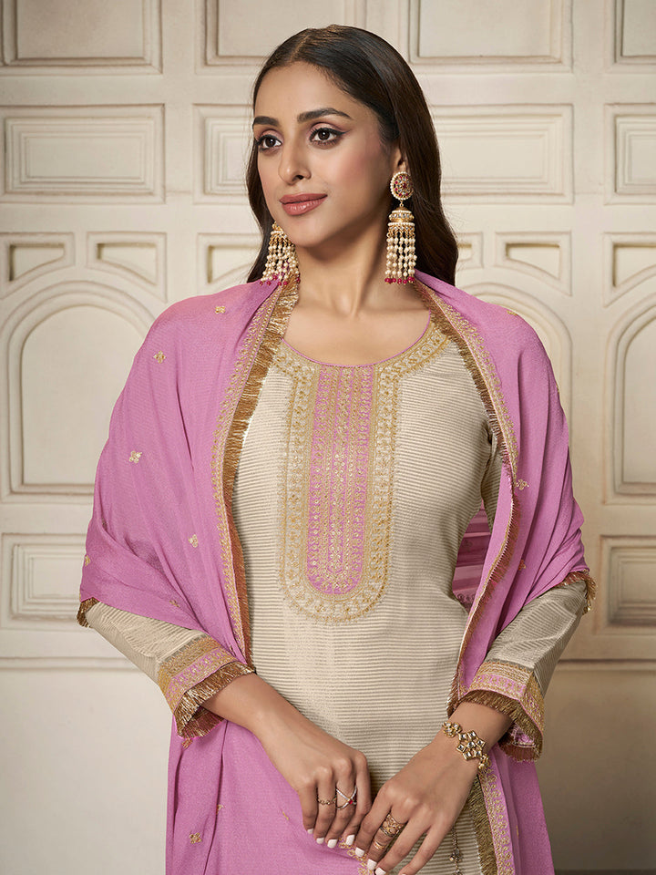 Off-white Tissue Sequins Embroidery Kurta Suit Set