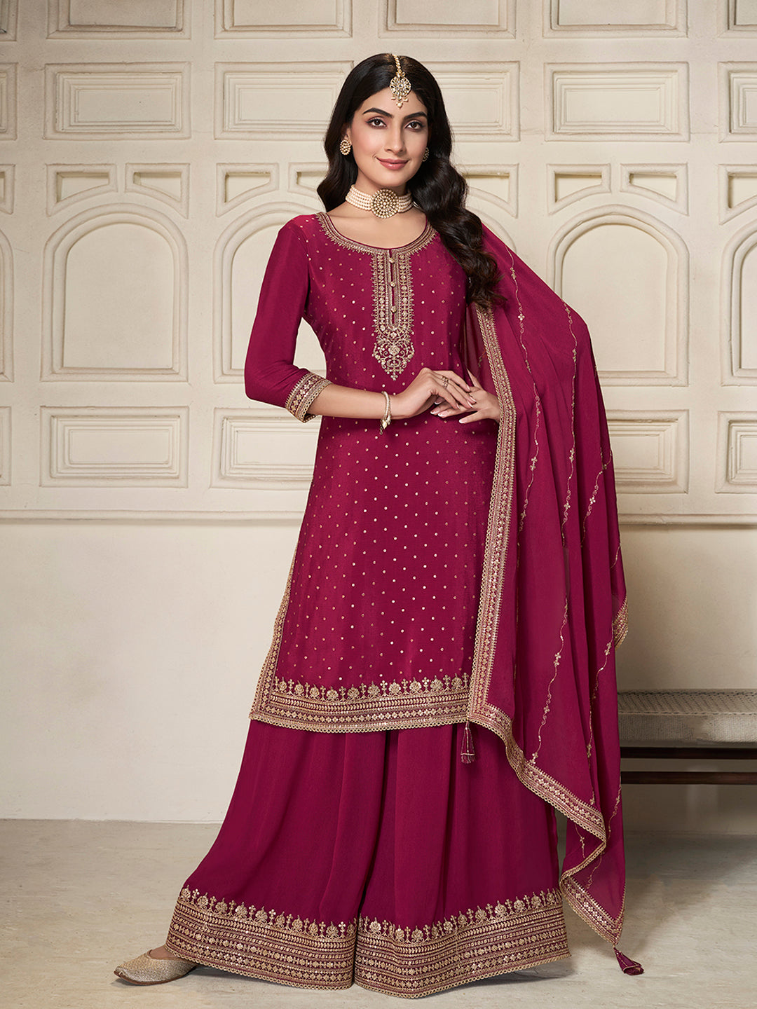 Red Chinon Top with Sequins Embroidery and Sharara Suit Set - qivii
