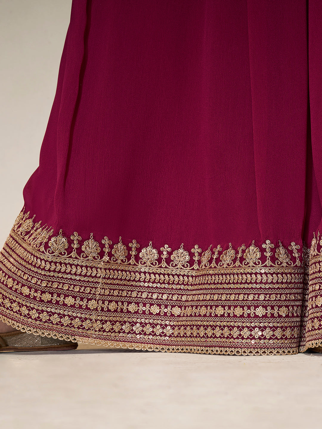 Red Chinon Top with Sequins Embroidery and Sharara Suit Set - qivii