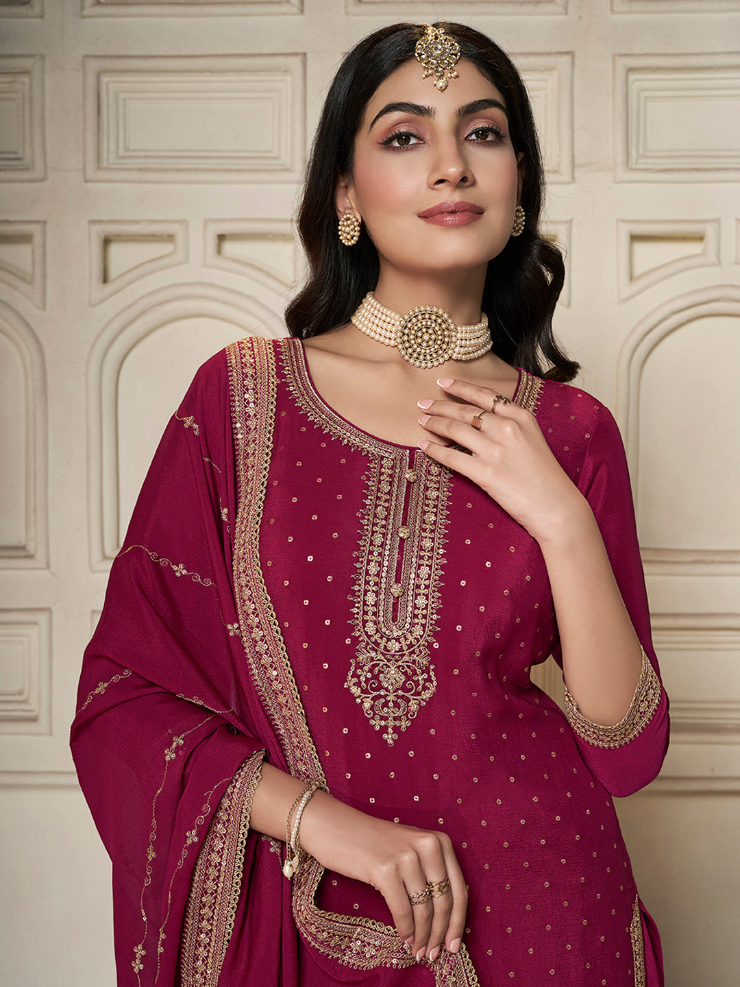 Red Chinon Top with Sequins Embroidery and Sharara Suit Set - qivii