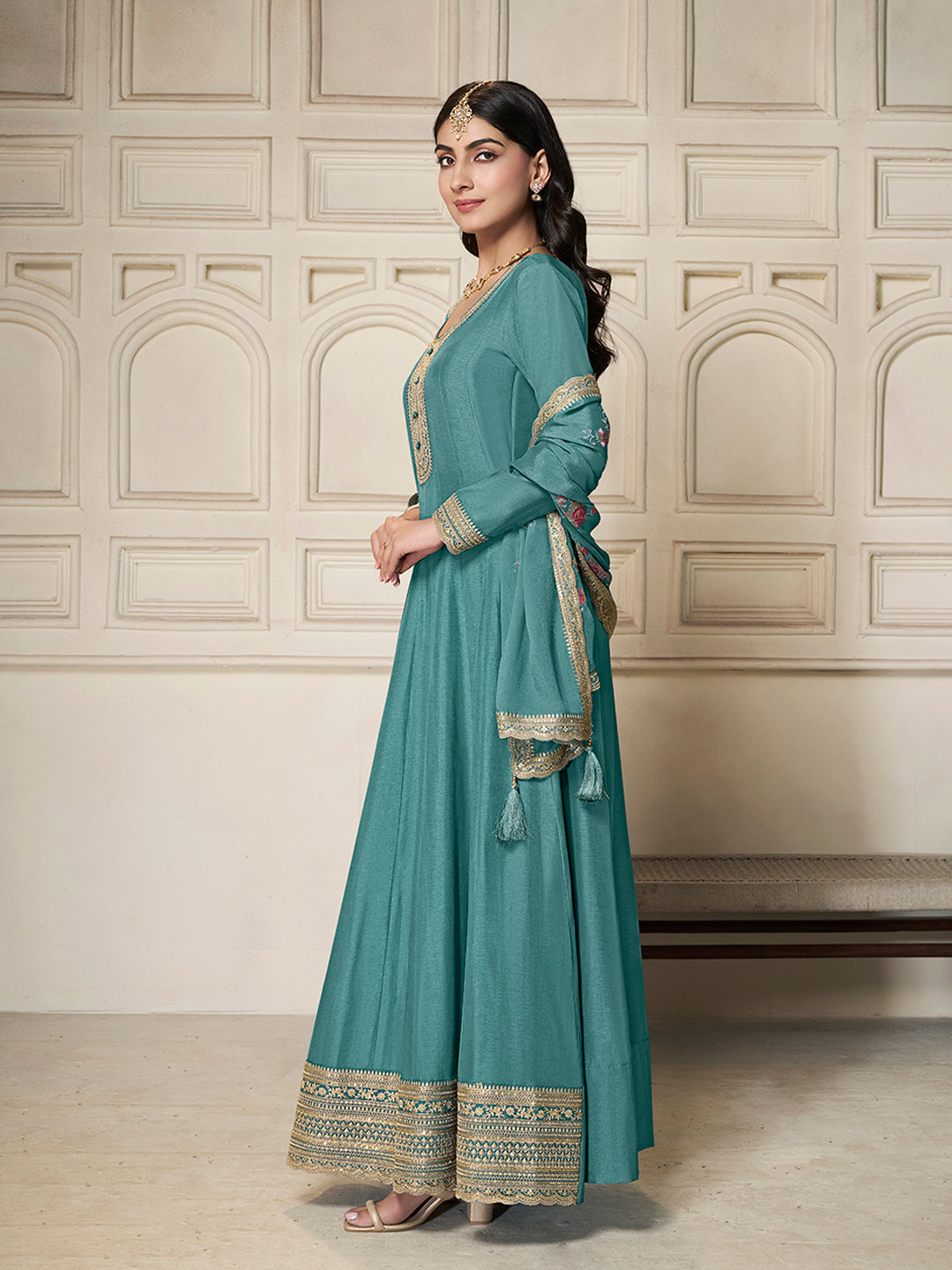Teal Dola Silk Anarkali Set with Sequins Embroidered Dupatta - qivii