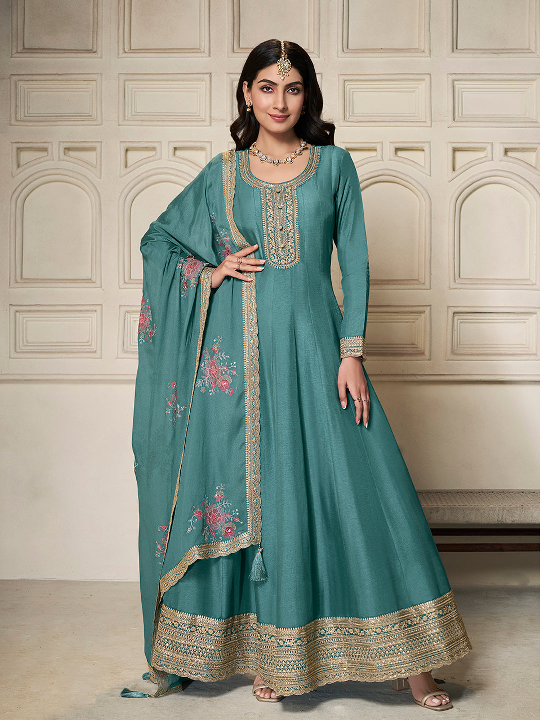 Teal Dola Silk Anarkali Set with Sequins Embroidered Dupatta - qivii