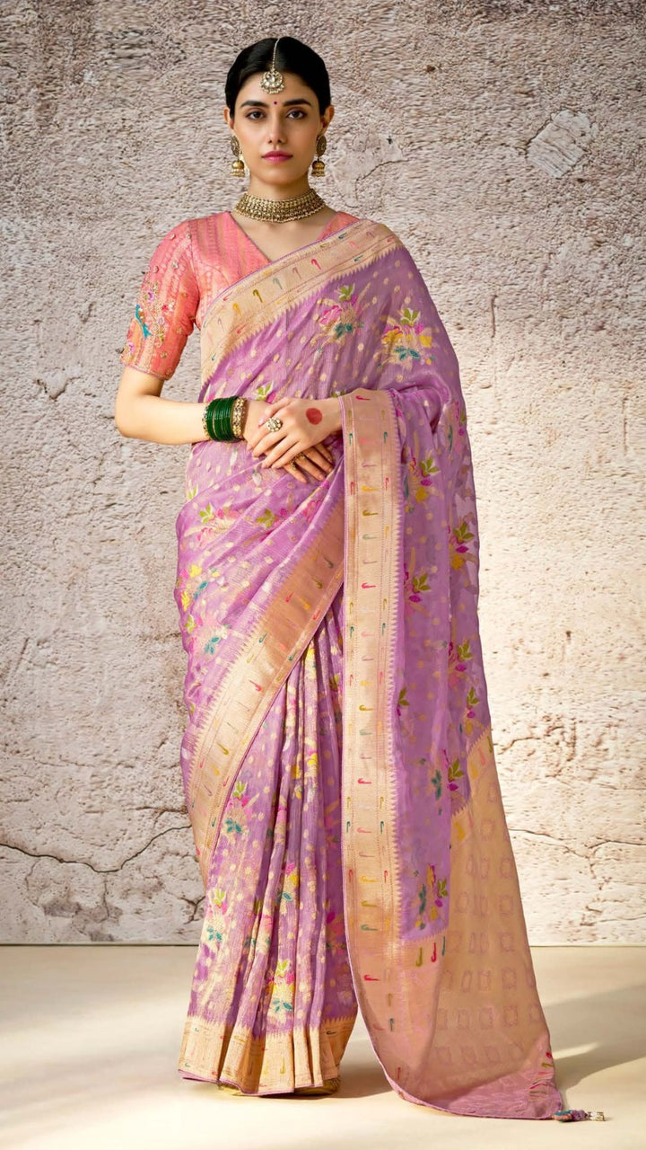 Lavender Kora Banarasi Saree With Delicate floral patterns