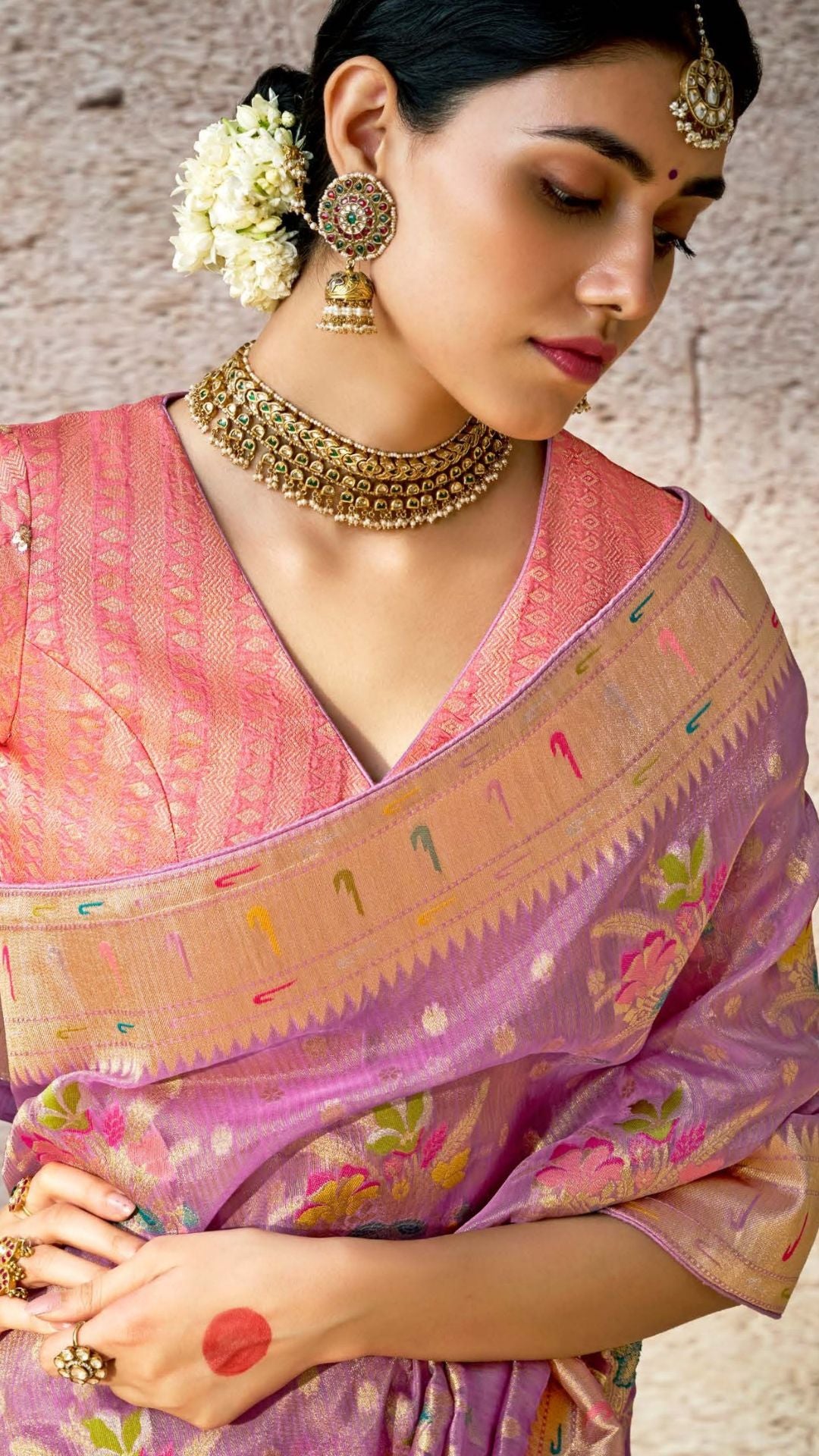 Lavender Kora Banarasi Saree With Delicate floral patterns