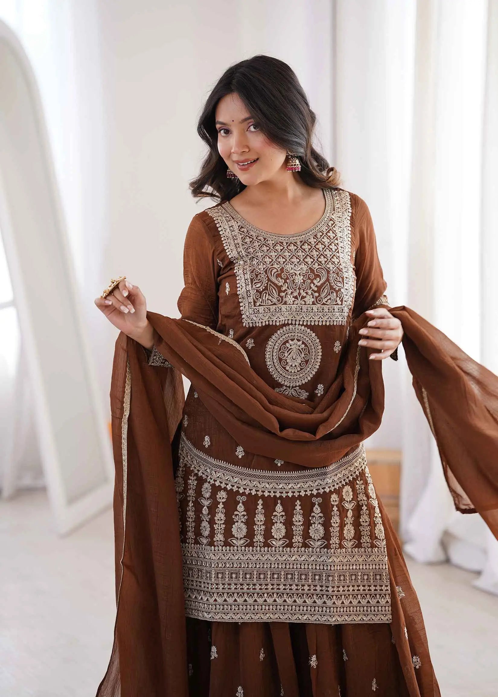 Brown Embroidery Work Sharara Set