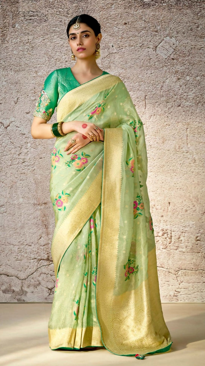 Green Kora Banarasi Saree With Delicate floral patterns