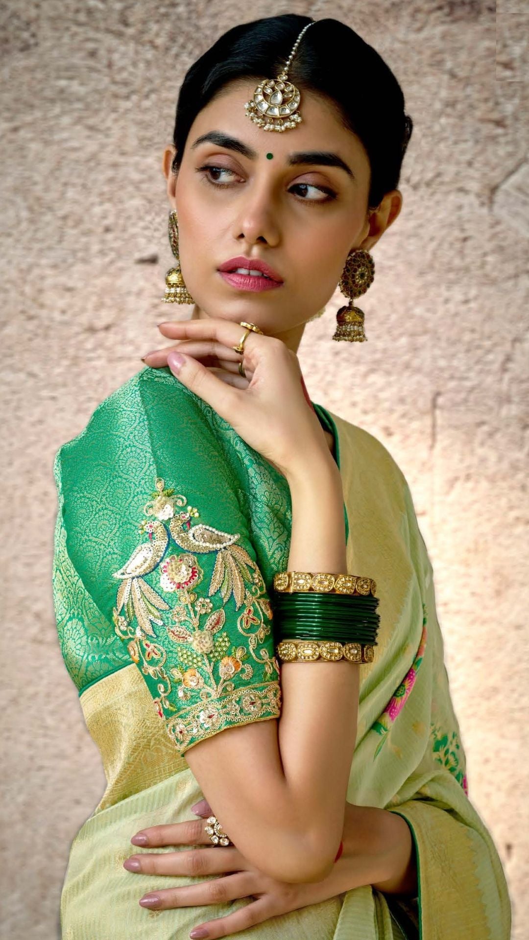 Green Kora Banarasi Saree With Delicate floral patterns