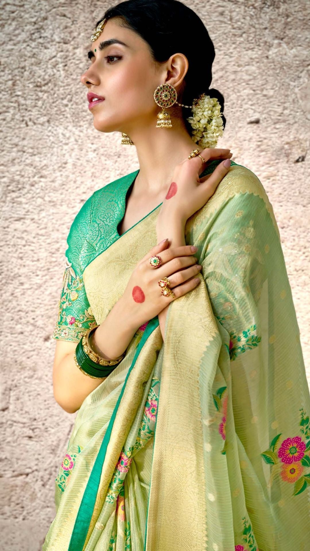 Green Kora Banarasi Saree With Delicate floral patterns