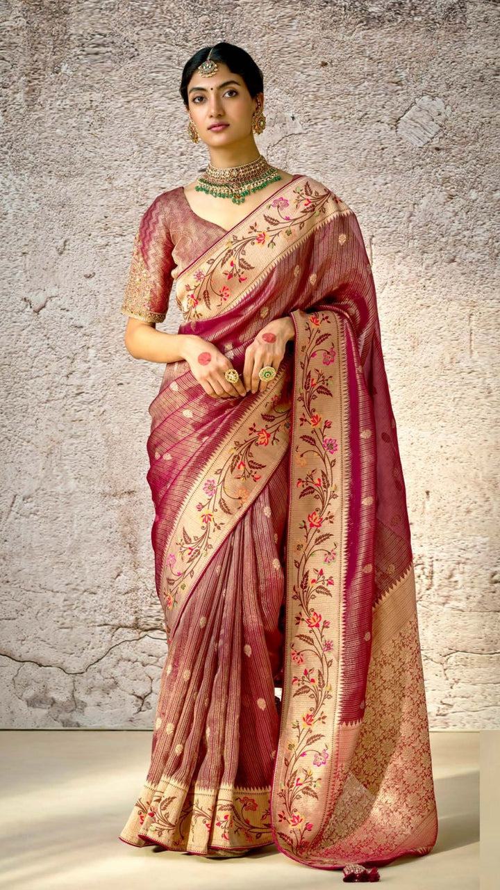 Maroon Kora Banarasi Saree With Delicate floral patterns