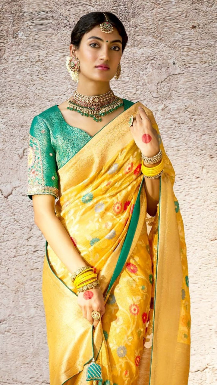 Yellow Kora Banarasi Saree With Delicate floral patterns