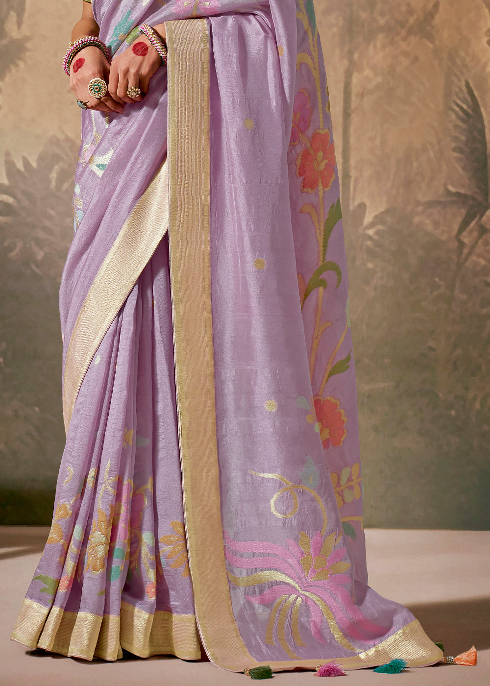 Periwinkle Purple Munga Silk Saree with Zari work & Woven with Resham in Floral Motifs