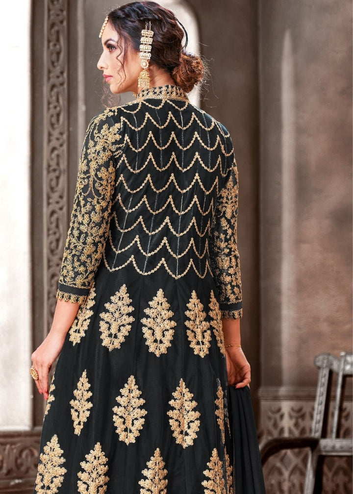 Sable Black Designer Net Anarkali Suit with Full Thread Embroidery Work: Top Pick By Qivii