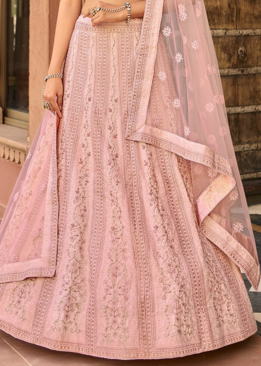 Baby Pink Organza Lehenga with Zari,Thread & Sequins work | Ready To Wear - qivii